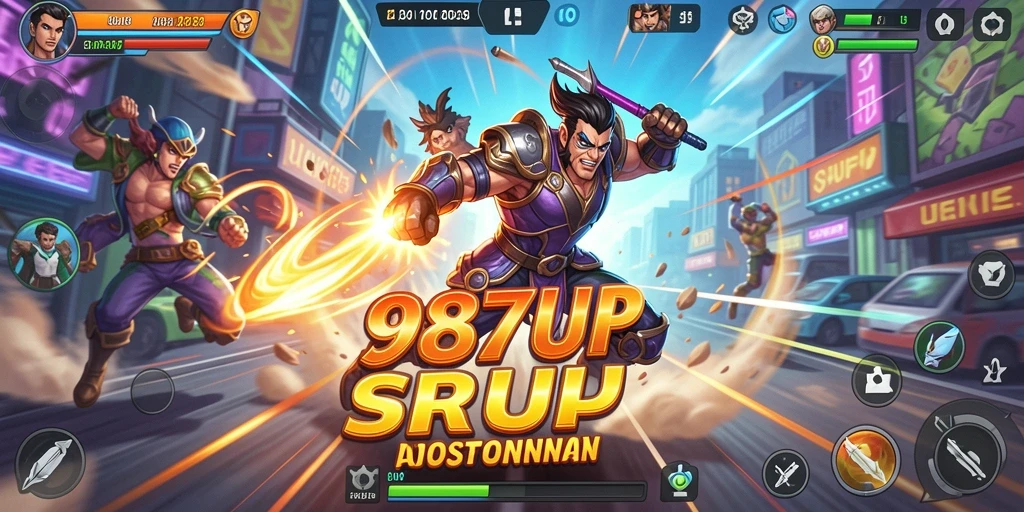 Screenshot menunjukkan karakter utama beraksi dalam pertempuran seru di 987UP.