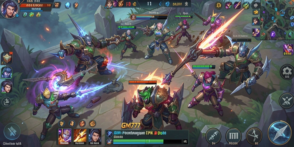Screenshot gameplay GM777 menampilkan aksi seru di arena MOBA.