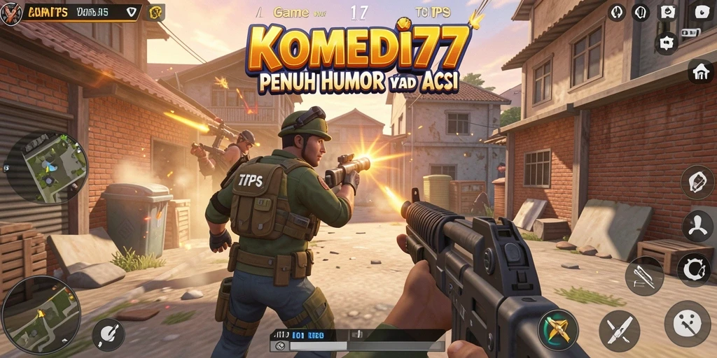 Tangkapan layar menunjukkan karakter lucu dalam aksi tembak-menembak tawa.