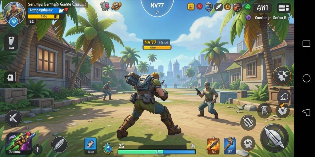 Screenshot gameplay NV77 yang penuh warna dan interaktif.