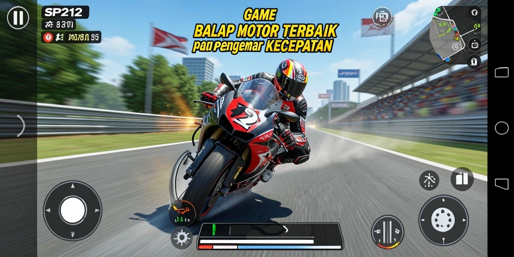 Screenshot gameplay SP212 dengan balapan seru dan motor cepat.